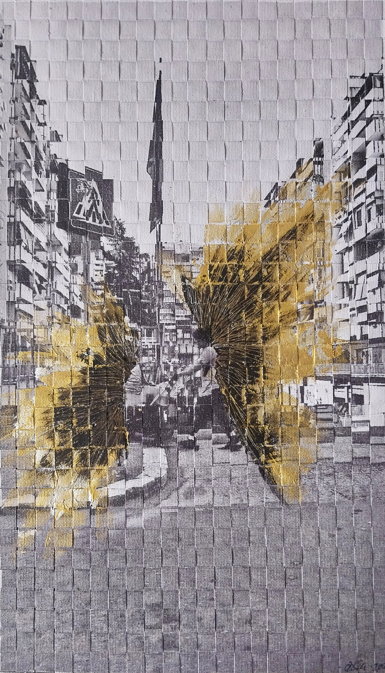 Œuvre d'art Tresse Rome - Composition photographique urbaine tressée en fort relief contrasté noir et blanc avec liserés dorés